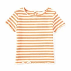 Deals ✔️ Chelsea & Violet Little 👧 Girls 2T-6X Short Sleeve Stripe Ribbed Lettuce Edge Tee Rust 😀