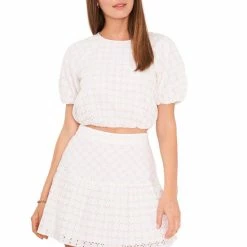 Brand new 🔔 Chelsea & Violet Embroidered Eyelet Raglan Crew Neck Short Puff Sleeve Coordinating Crop Top Ultra White 🔔