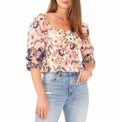 Budget 😀 Chelsea & Violet Smocked Square Neck Batik Print 3/4 Puff Sleeve Ruffle Hem Top Border Batik 🤩