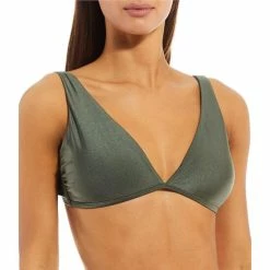Promo 🌟 Chelsea & Violet Solid Over-the-Shoulder Bralette Swim Top Thyme ⭐