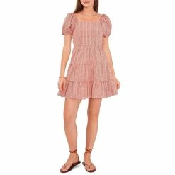 Promo 🎁 Chelsea & Violet Square Neck Short Puff Sleeve Gingham Tie Back Detail Ruffled Tiered Mini 👗 Dress Deep Scarlet ⭐