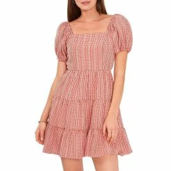 Promo 🎁 Chelsea & Violet Square Neck Short Puff Sleeve Gingham Tie Back Detail Ruffled Tiered Mini 👗 Dress Deep Scarlet ⭐ -Chelsea & Violet Sales unnamed file 1094