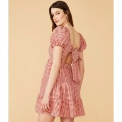 Promo 🎁 Chelsea & Violet Square Neck Short Puff Sleeve Gingham Tie Back Detail Ruffled Tiered Mini 👗 Dress Deep Scarlet ⭐ -Chelsea & Violet Sales unnamed file 1096