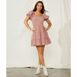 Promo 🎁 Chelsea & Violet Square Neck Short Puff Sleeve Gingham Tie Back Detail Ruffled Tiered Mini 👗 Dress Deep Scarlet ⭐ -Chelsea & Violet Sales unnamed file 1098