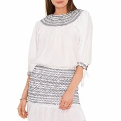 Best Pirce ❤️ Chelsea & Violet Embroidered Crew Neck Tassel Tie 3/4 Puff Sleeve Coordinating Smocked Top Ultra White 😍