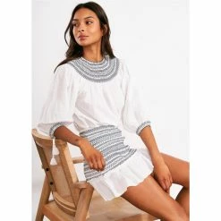 Best Pirce ❤️ Chelsea & Violet Embroidered Crew Neck Tassel Tie 3/4 Puff Sleeve Coordinating Smocked Top Ultra White 😍 -Chelsea & Violet Sales unnamed file 1169