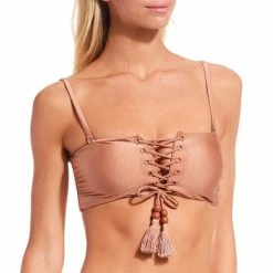 Cheapest ⭐ Chelsea & Violet Shiny Jersey Knit Lace Up Beaded Tassel Bandeau Swim Top Taupe 😉
