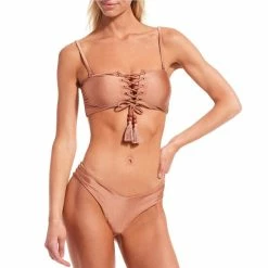 Cheapest ⭐ Chelsea & Violet Shiny Jersey Knit Lace Up Beaded Tassel Bandeau Swim Top Taupe 😉 -Chelsea & Violet Sales unnamed file 1209