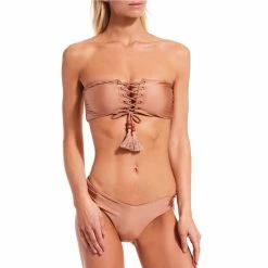 Cheapest ⭐ Chelsea & Violet Shiny Jersey Knit Lace Up Beaded Tassel Bandeau Swim Top Taupe 😉 -Chelsea & Violet Sales unnamed file 1210