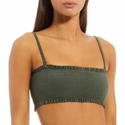Wholesale 🛒 Chelsea & Violet Solid Smocked Bandeau Swim Top Thyme ❤️