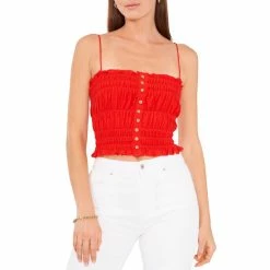 Coupon 🎁 Chelsea & Violet Sleeveless Square Neck Elastic Smocked Ruffle Hem Button Front Crop Top Flame Scarlet 🎉