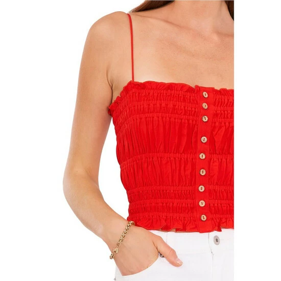 Coupon 🎁 Chelsea & Violet Sleeveless Square Neck Elastic Smocked Ruffle Hem Button Front Crop Top Flame Scarlet 🎉 5 Coupon 🎁 Chelsea & Violet Sleeveless Square Neck Elastic Smocked Ruffle Hem Button Front Crop Top Flame Scarlet 🎉 - Image 3