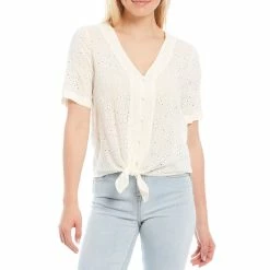 Best reviews of ✔️ Chelsea & Violet Cropped Eyelet Short Sleeve V-Neck Tie Front Top Toasted Ivory 👏