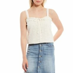 Flash Sale 👏 Chelsea & Violet Square Neck Sleeveless Gauze Eyelet Cropped Lace Tank Toasted Ivory 😉
