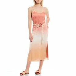 Top 10 ❤️ Chelsea & Violet Belted Dip Dye Sweetheart Neck Sleeveless Satin Thigh High Side Slit Cami Midi 👗 Dress Goji Red 👏