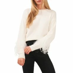 Best Pirce 😍 Chelsea & Violet Long Sleeve Crew Neck Ostrich Feather Sweater Antique White ⌛ -Chelsea & Violet Sales unnamed file 13