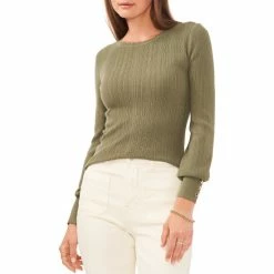 Hot Sale 🧨 Chelsea & Violet Crew Neck Long Button Cuff Sleeve Ribbed Knit Sweater Olivine 🔔