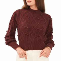 Cheap 🥰 Chelsea & Violet Mock Neck Long Balloon Sleeve Pom Pom Cable Knit Sweater Bitter Chocolate 🎁