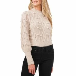 Cheap 🥰 Chelsea & Violet Mock Neck Long Balloon Sleeve Pom Pom Cable Knit Sweater Bitter Chocolate 🎁 -Chelsea & Violet Sales unnamed file 186