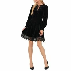 Top 10 💯 Chelsea & Violet Lace Trim Velvet Self-Tie Split Tassel Neck Fit And Flare 👗 Dress Rich Black 🎁