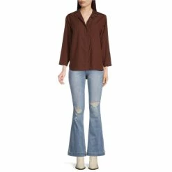 Coupon 🤩 Chelsea & Violet Tencel Point Collar 3/4 Sleeve 👕 Shirttail Hem Button Front Patch Pocket 👕 Shirt Olivine 🤩 -Chelsea & Violet Sales unnamed file 282