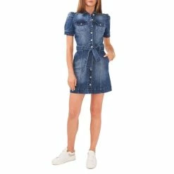 Best deal 👍 Chelsea & Violet Short Puff Sleeve Button Front Stretch Denim Belted Mini 👗 Dress Mid Rinse 💯