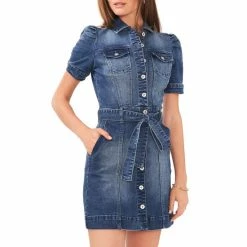 Best deal 👍 Chelsea & Violet Short Puff Sleeve Button Front Stretch Denim Belted Mini 👗 Dress Mid Rinse 💯 -Chelsea & Violet Sales unnamed file 323