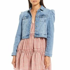 Deals 😀 Chelsea & Violet Point Collar Long Puff Shoulder Sleeve Denim Short Statement Jacket Rich Black 🤩 -Chelsea & Violet Sales unnamed file 330