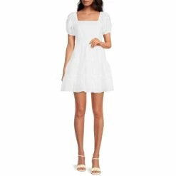 Best deal ✨ Chelsea & Violet Square Neck Short Puff Sleeve Linen Tie Back Detail Ruffle Tiered Mini 👗 Dress Ultra White 😉