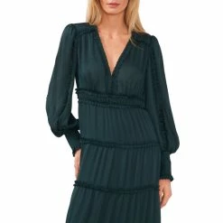 New 👍 Chelsea & Violet Plisse Satin Ruffle Deep V-Neck Long Smocked Cuff Sleeve Tiered Maxi 👗 Dress Champagne Toast 👍 -Chelsea & Violet Sales unnamed file 5