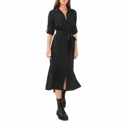 Cheapest ✨ Chelsea & Violet Tencel Point Collar Long Sleeve Self Tie Belted Button Front Midi 👕 Shirt 👗 Dress Rich Black 😉 -Chelsea & Violet Sales unnamed file 564