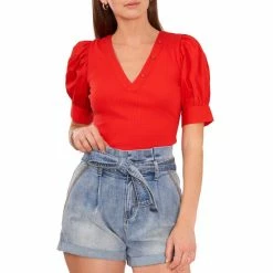 Hot Sale ⭐ Chelsea & Violet V-Neck Mixed Media Short Elbow Puff Sleeve Ribbed Knit Top Flame Scarlet ✔️ -Chelsea & Violet Sales unnamed file 686