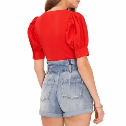 Hot Sale ⭐ Chelsea & Violet V-Neck Mixed Media Short Elbow Puff Sleeve Ribbed Knit Top Flame Scarlet ✔️ -Chelsea & Violet Sales unnamed file 687