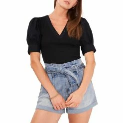 Hot Sale ⭐ Chelsea & Violet V-Neck Mixed Media Short Elbow Puff Sleeve Ribbed Knit Top Flame Scarlet ✔️ -Chelsea & Violet Sales unnamed file 689