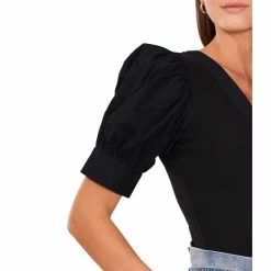 Hot Sale ⭐ Chelsea & Violet V-Neck Mixed Media Short Elbow Puff Sleeve Ribbed Knit Top Flame Scarlet ✔️ -Chelsea & Violet Sales unnamed file 691