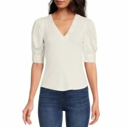 Hot Sale ⭐ Chelsea & Violet V-Neck Mixed Media Short Elbow Puff Sleeve Ribbed Knit Top Flame Scarlet ✔️ -Chelsea & Violet Sales unnamed file 692