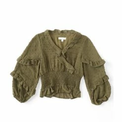 Deals π Chelsea & Violet π§ Girls Big π§ Girls 7-16 Balloon Sleeve Woven Ruffled Clip Dot Blouse Dusty Olive β€οΈ