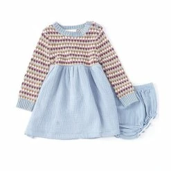 Outlet 😀 Chelsea & Violet Baby 👧 Girls 12-24 Months Stripe Sweater Gauze Long Sleeve 👗 Dress Light Blue ✔️