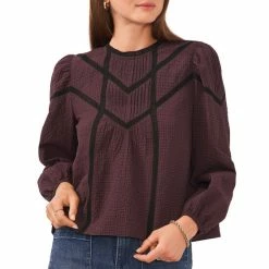 Discount 😉 Chelsea & Violet Check Print Long Sleeve Crinkle Cotton Lace Inset Top Merlot Multi ⌛