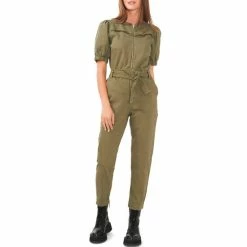New 🎁 Chelsea & Violet Quilted Yoke Short Puff Sleeve Zip Front Stretch Denim Jumpsuit Olivine 🔥