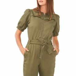 New 🎁 Chelsea & Violet Quilted Yoke Short Puff Sleeve Zip Front Stretch Denim Jumpsuit Olivine 🔥 -Chelsea & Violet Sales unnamed file 829