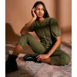 New 🎁 Chelsea & Violet Quilted Yoke Short Puff Sleeve Zip Front Stretch Denim Jumpsuit Olivine 🔥 -Chelsea & Violet Sales unnamed file 830