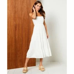 Flash Sale ✨ Chelsea & Violet Woven Square Neck Sleeveless Open Tie Back Detail Tiered Cami Midi 👗 Dress Ultra White 🌟 -Chelsea & Violet Sales unnamed file 845