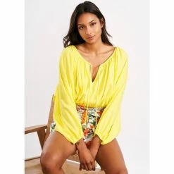 New 😉 Chelsea & Violet Linen Tie Round Neck Long Raglan Sleeve Elastic Hem Crop Top Buttercup ⭐ -Chelsea & Violet Sales unnamed file 862