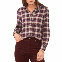 Top 10 😍 Chelsea & Violet Plaid Print Long Sleeve Button Front 👚 Shirt Ivory Multi 👏