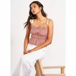 Deals 🔔 Chelsea & Violet Scoop Neck Tie Shoulder Ruffe Tiered Hem Sleeveless Gingham Print Top Deep Scarlet 😀 -Chelsea & Violet Sales unnamed file 947