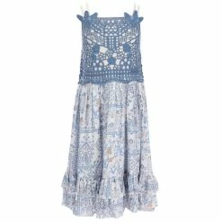 Promo ✨ Chelsea & Violet Big 👧 Girls 7-16 Sleeveless Square Neck Smocked Back Lace Trim Ruffle Hem Printed 👗 Dress Blue ⌛