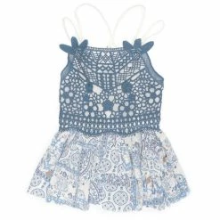 Budget ⌛ Chelsea & Violet 👧 Girls Big 👧 Girls 7-16 Sleeveless Square Neck Printed Woven Lace Tiered Tank Top Blue 🧨