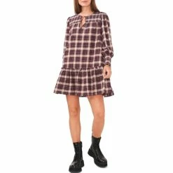 Best Pirce 😀 Chelsea & Violet Plaid Print Smocked Yoke Long Sleeve Tiered Ruffle Hem Mini Shift 👗 Dress Ivory Multi ❤️