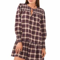 Best Pirce 😀 Chelsea & Violet Plaid Print Smocked Yoke Long Sleeve Tiered Ruffle Hem Mini Shift 👗 Dress Ivory Multi ❤️ -Chelsea & Violet Sales unnamed file 984
